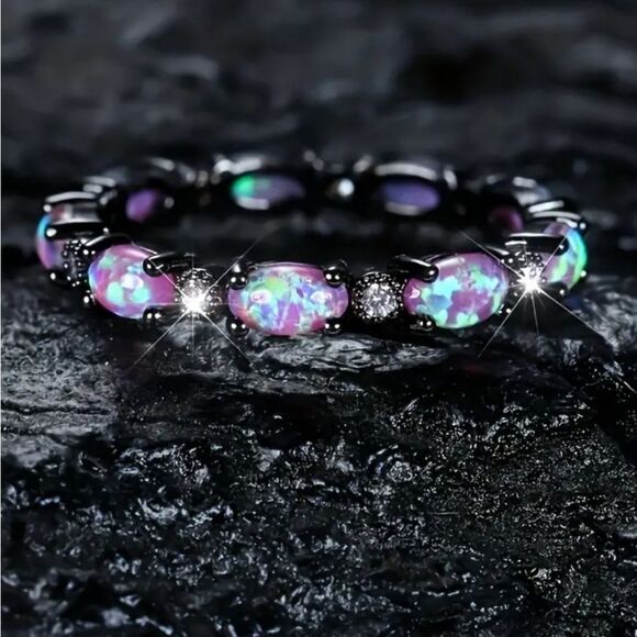 Iridescent Opal Ring with Black Band Sz 9 - Picture 9 of 9